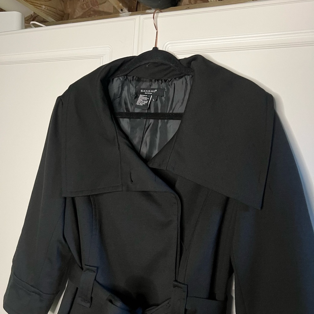 Sandro Tailored Jacket Black Belted Trench - Picture 7 of 11